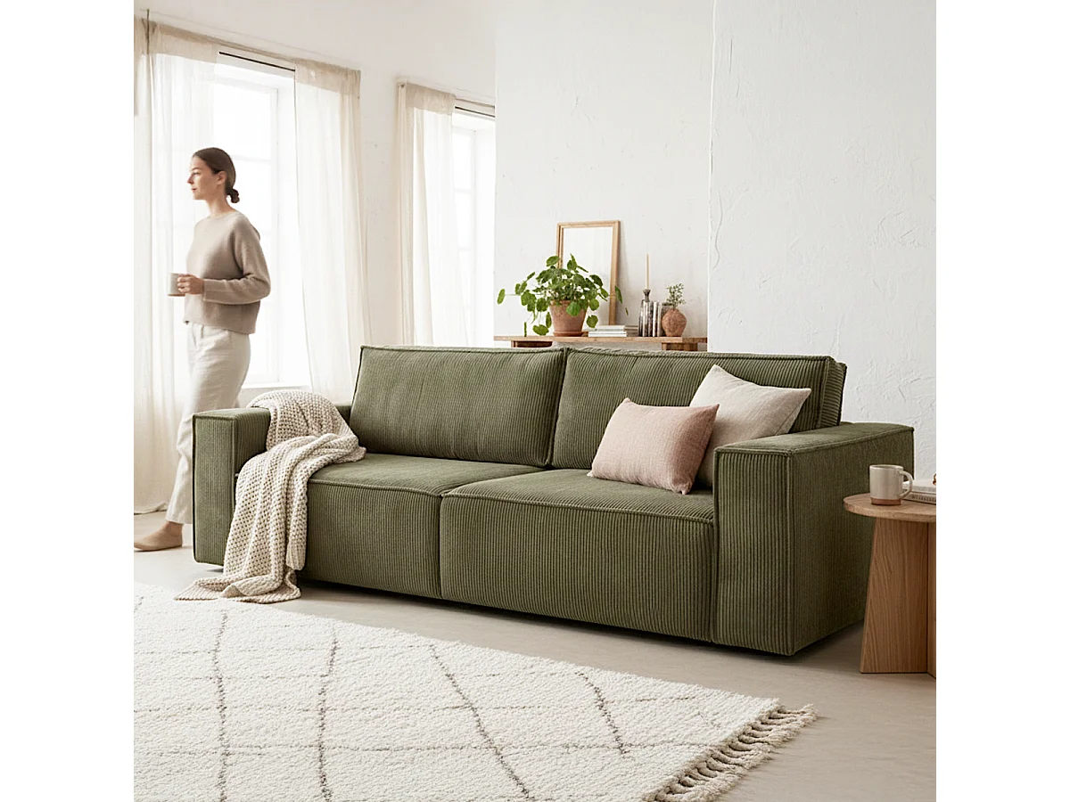 Canapé convertible 3 Places avec coffre de rangement en velours côtelé vert kaki - Harper