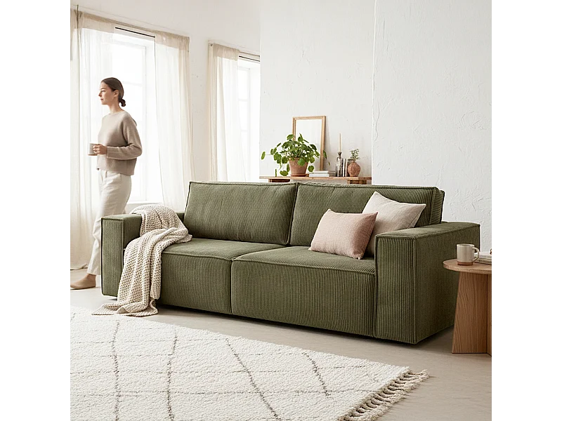 Canapé convertible 3 Places avec coffre de rangement en velours côtelé vert kaki - Harper