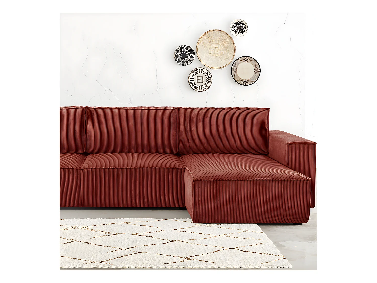 Canapé d'angle convertible réversible 5 places avec coffre de rangement en velours côtelé rouille - Harper