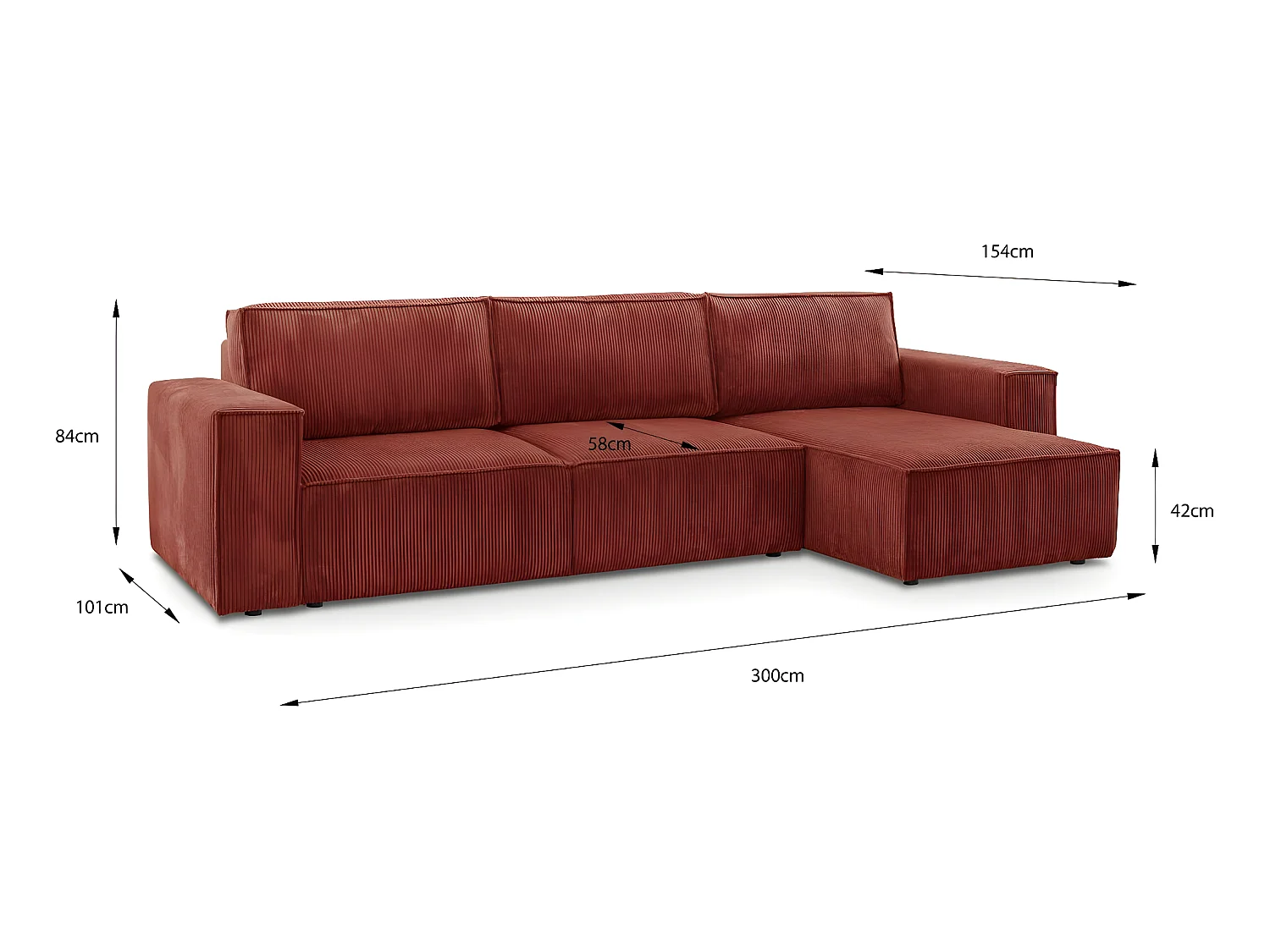 Canapé d'angle convertible réversible 5 places avec coffre de rangement en velours côtelé rouille - Harper