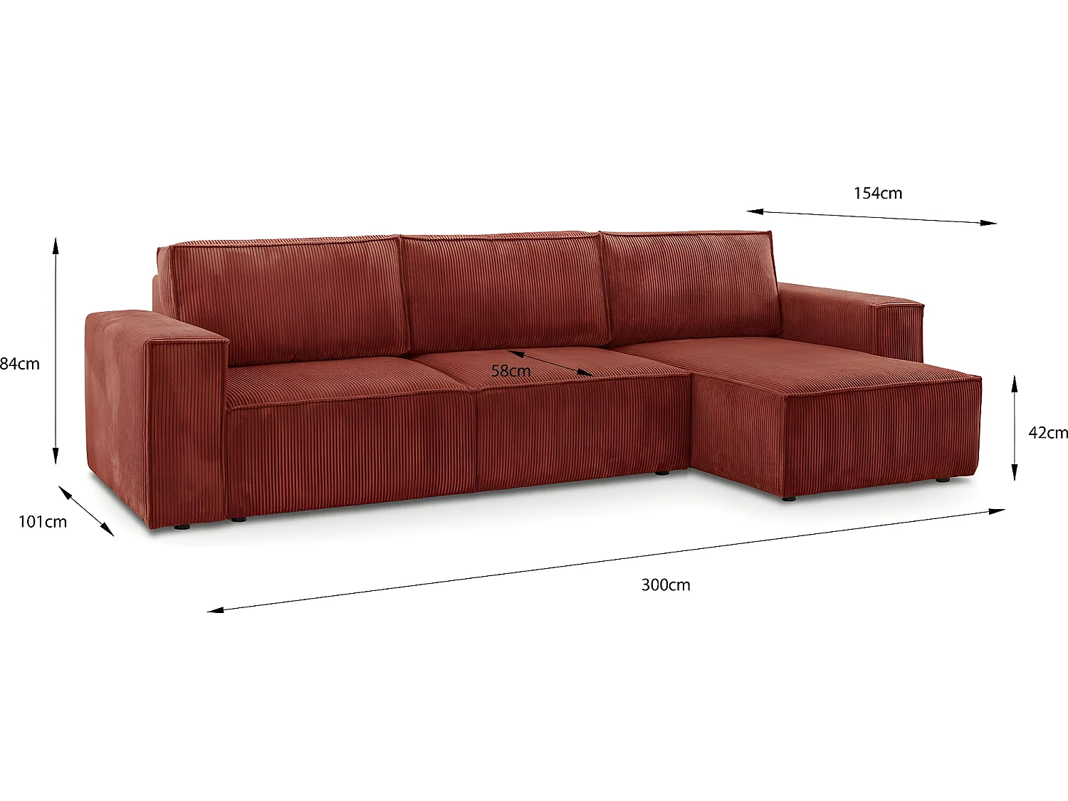 Canapé d'angle convertible réversible 5 places avec coffre de rangement en velours côtelé rouille - Harper