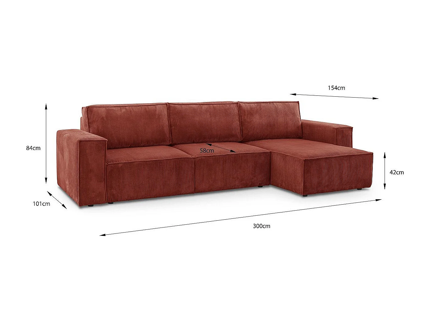 Canapé d'angle convertible réversible 5 places avec coffre de rangement en velours côtelé rouille - Harper