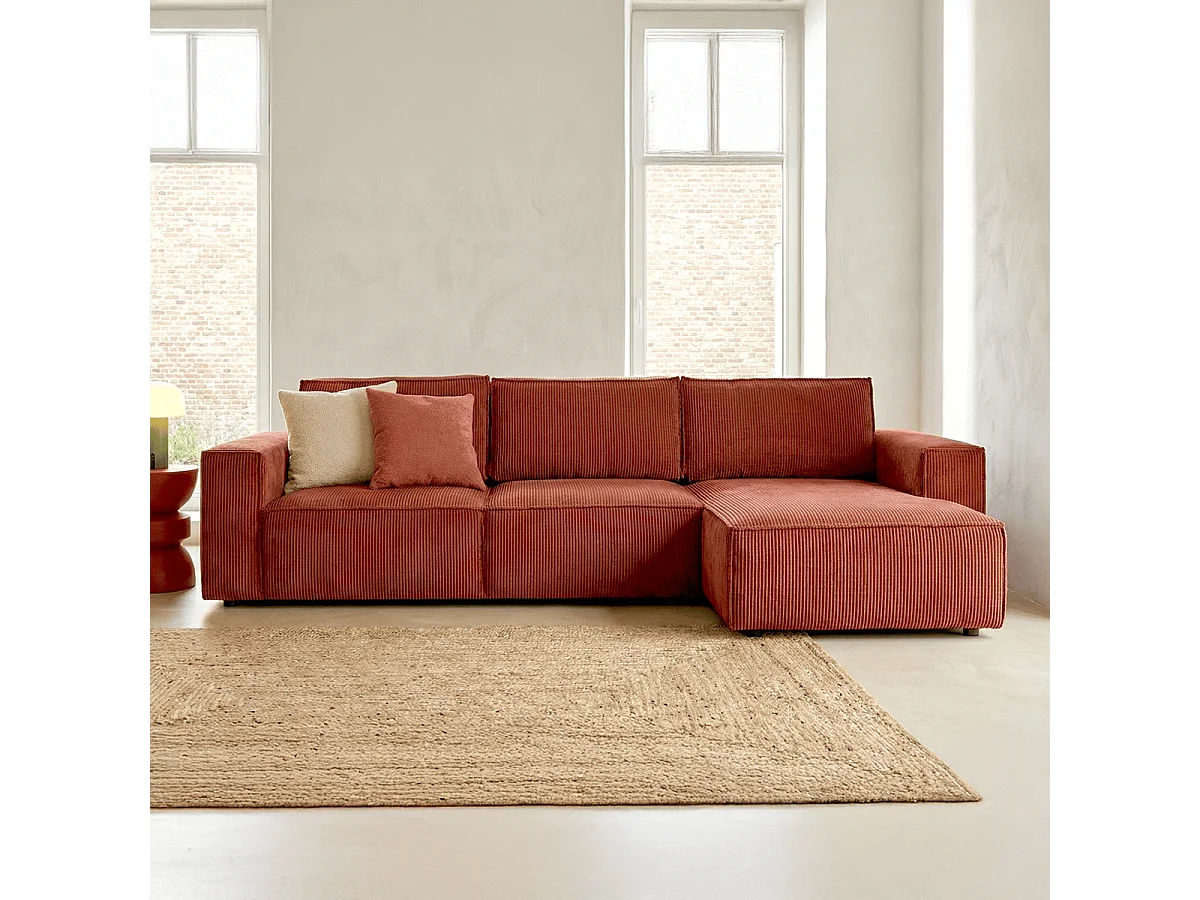 Canapé d'angle convertible réversible 5 places avec coffre de rangement en velours côtelé rouille - Harper