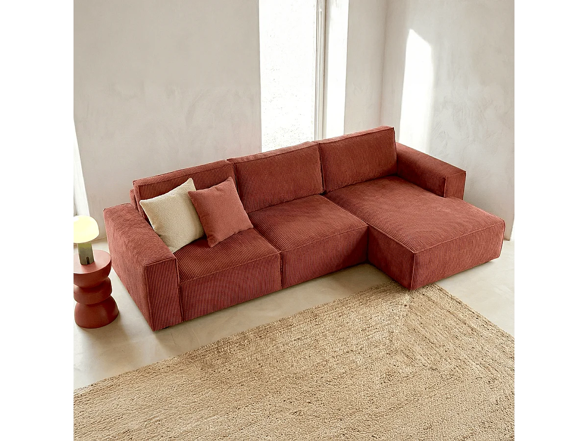 Canapé d'angle convertible réversible 5 places avec coffre de rangement en velours côtelé rouille - Harper