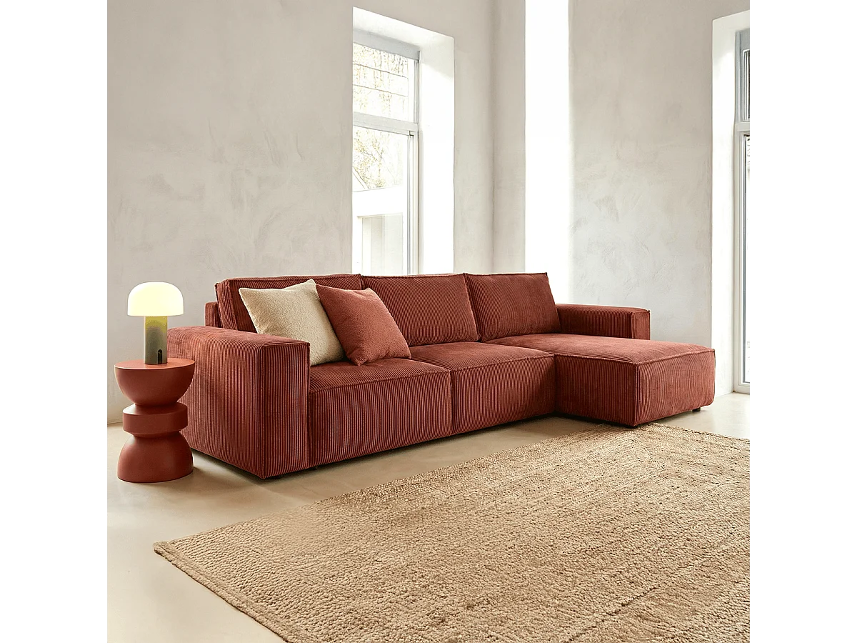 Canapé d'angle convertible réversible 5 places avec coffre de rangement en velours côtelé rouille - Harper