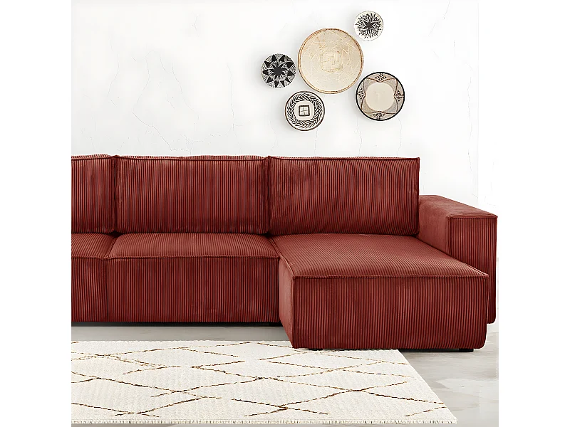 Canapé d'angle convertible réversible 5 places avec coffre de rangement en velours côtelé rouille - Harper