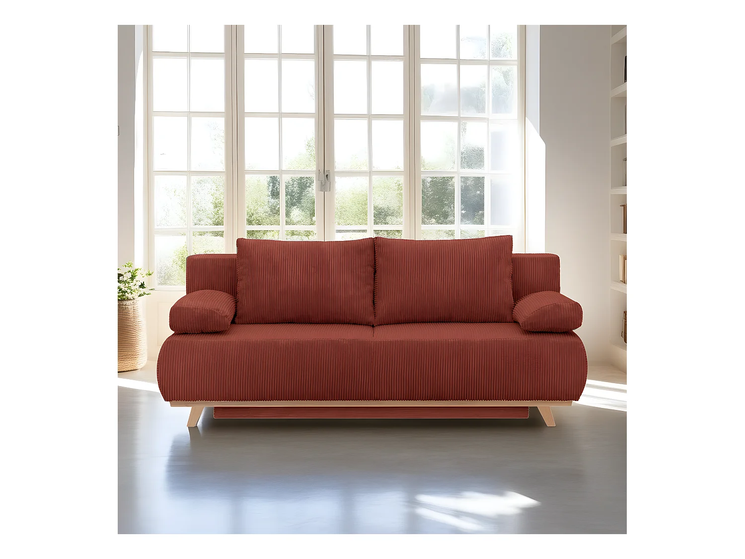 Canapé convertible 3 places avec coffre de rangement en velours côtelé rouille - Laria