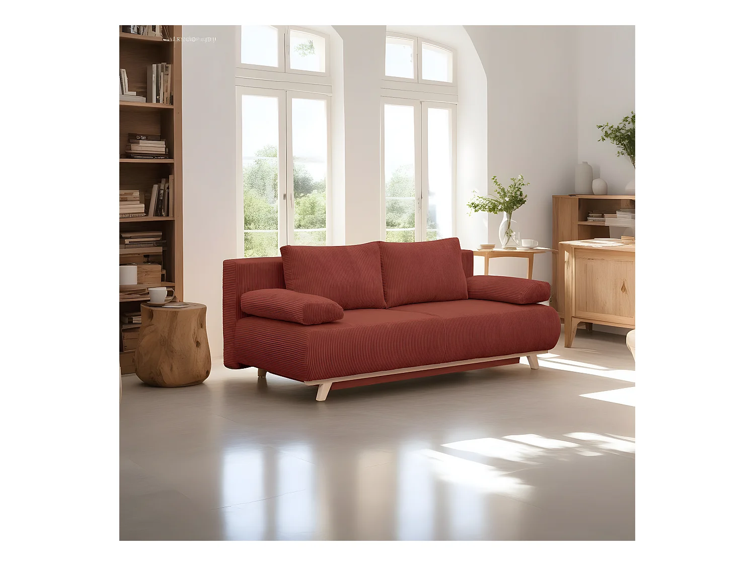 Canapé convertible 3 places avec coffre de rangement en velours côtelé rouille - Laria