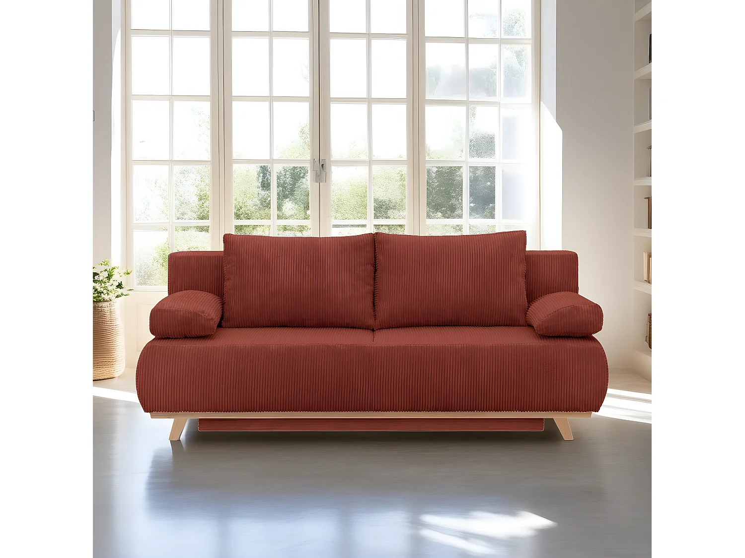 Canapé convertible 3 places avec coffre de rangement en velours côtelé rouille - Laria