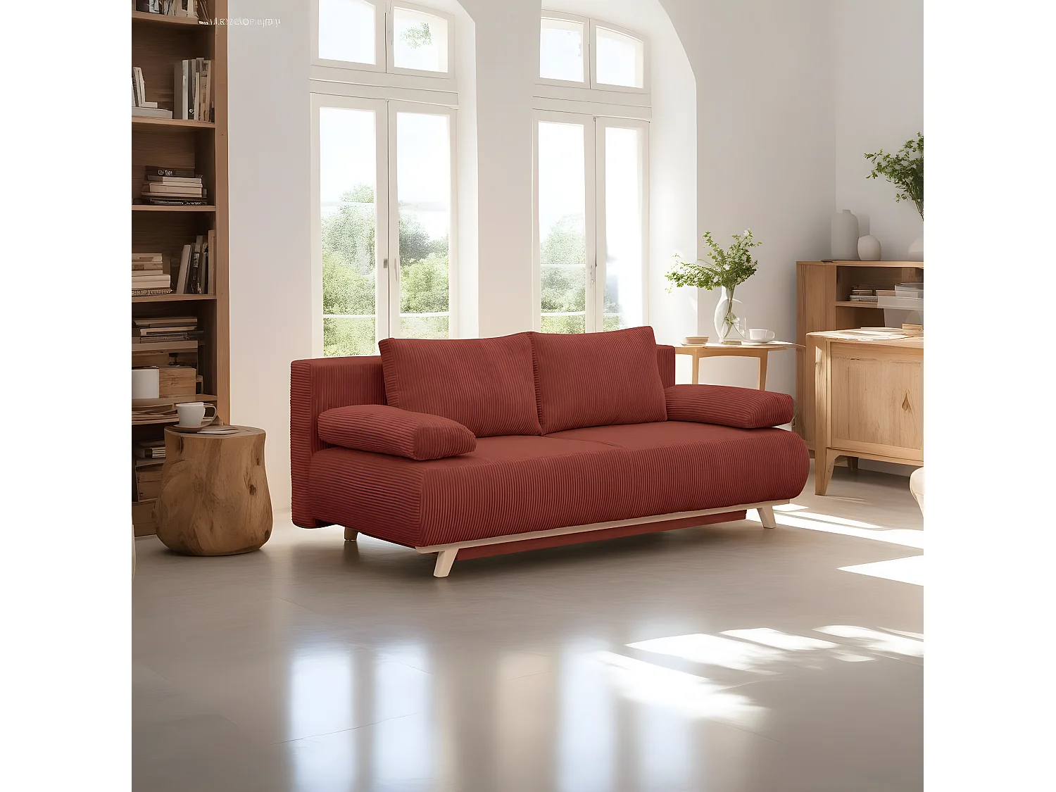 Canapé convertible 3 places avec coffre de rangement en velours côtelé rouille - Laria