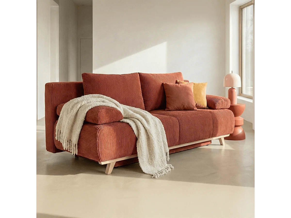 Canapé convertible 3 places avec coffre de rangement en velours côtelé rouille - Laria