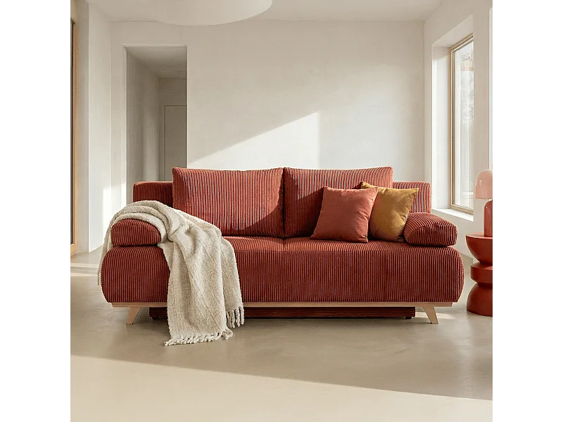 Canapé convertible 3 places avec coffre de rangement en velours côtelé rouille - Laria
