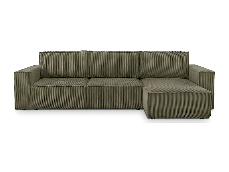 Canapé d'angle convertible réversible 5 places avec coffre de rangement en velours côtelé vert kaki - Harper