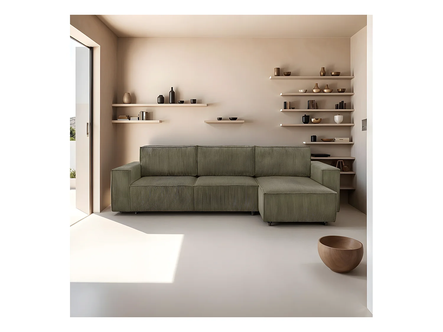 Canapé d'angle convertible réversible 5 places avec coffre de rangement en velours côtelé vert kaki - Harper