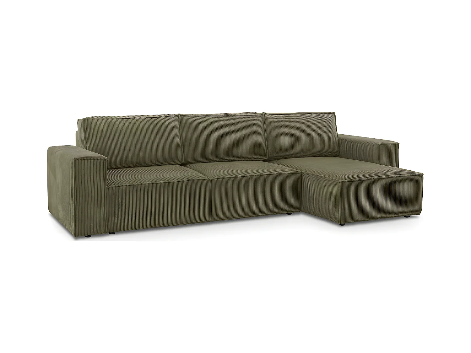 Canapé d'angle convertible réversible 5 places avec coffre de rangement en velours côtelé vert kaki - Harper