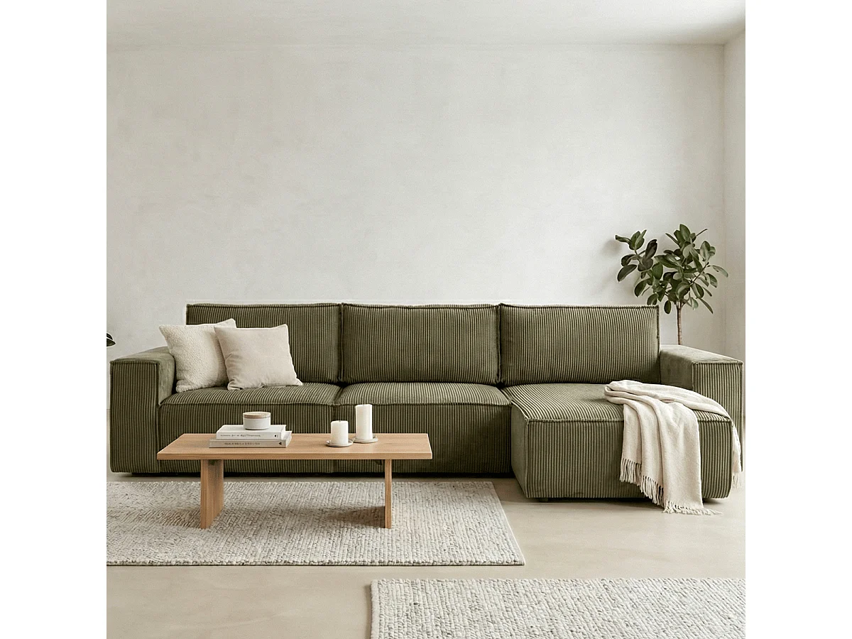 Canapé d'angle convertible réversible 5 places avec coffre de rangement en velours côtelé vert kaki - Harper