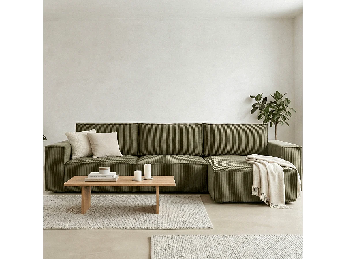 Canapé d'angle convertible réversible 5 places avec coffre de rangement en velours côtelé vert kaki - Harper