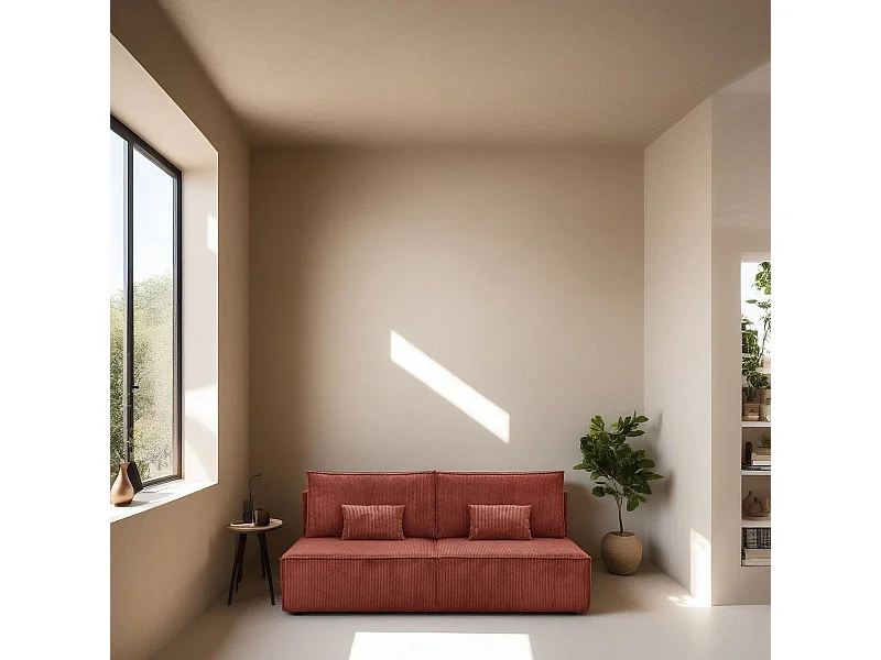 Canapé convertible 3 places avec coffre de rangement en velours côtelé rouille - Milla