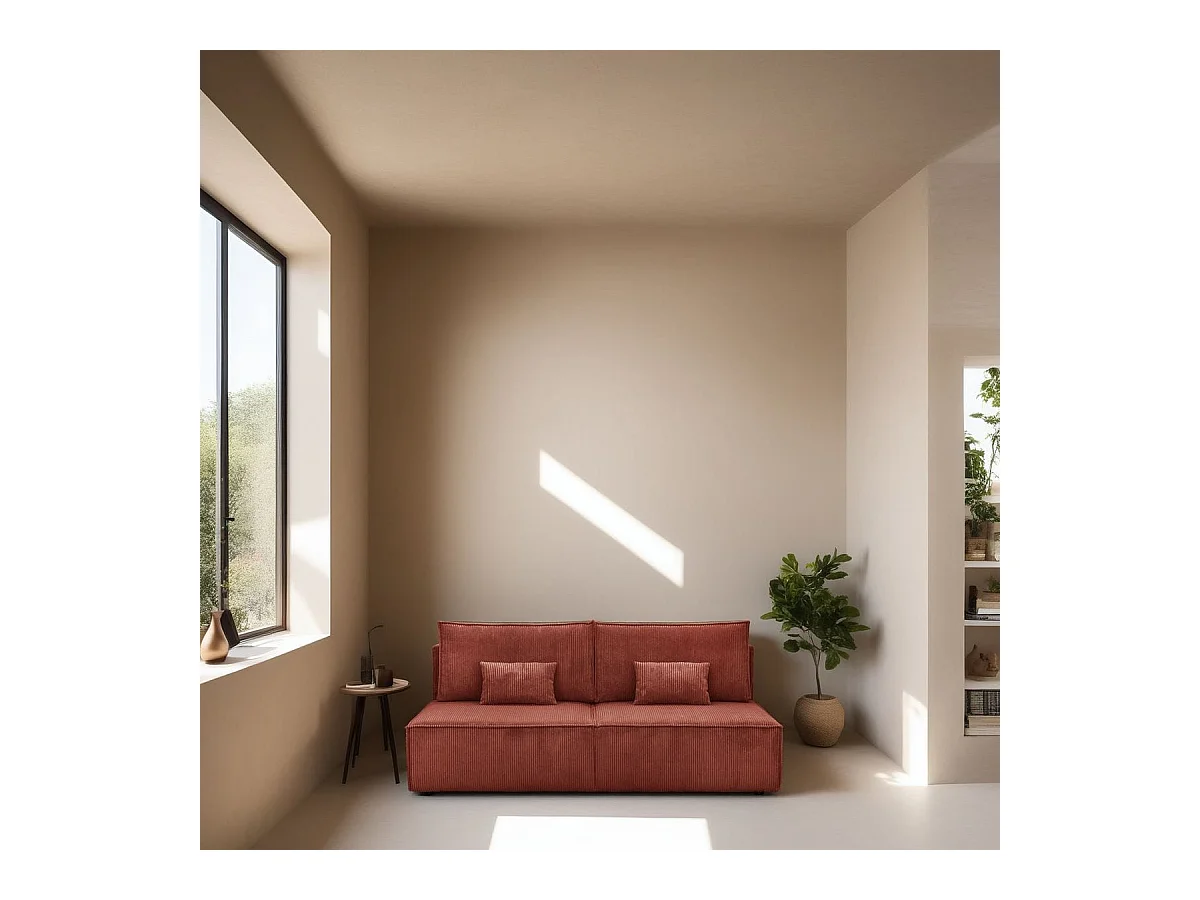 Canapé convertible 3 places avec coffre de rangement en velours côtelé rouille - Milla