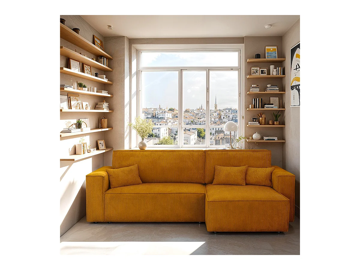Canapé d'angle convertible réversible 4 places avec coffre de rangement en velours côtelé jaune moutarde - Livia