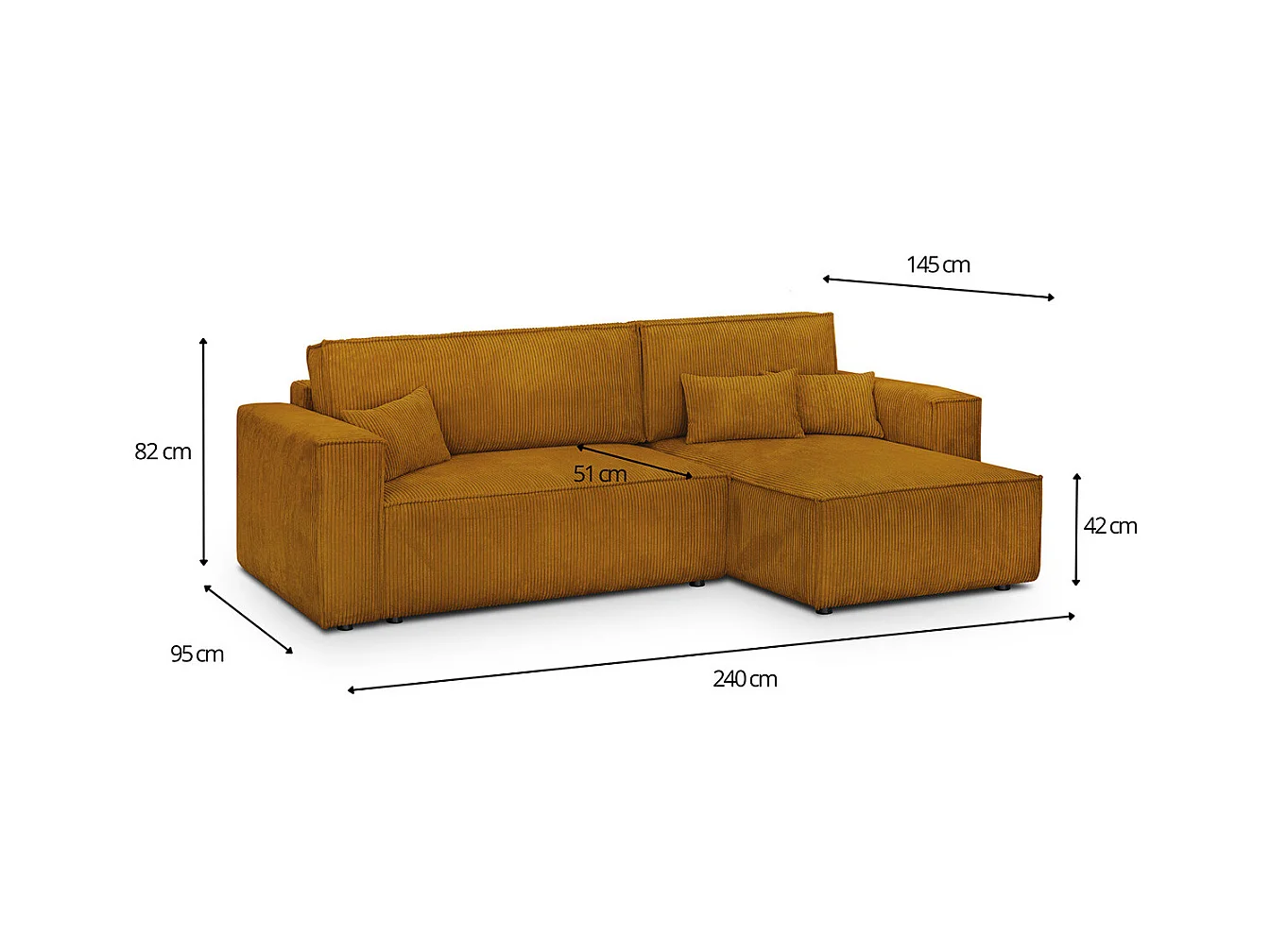 Canapé d'angle convertible réversible 4 places avec coffre de rangement en velours côtelé jaune moutarde - Livia