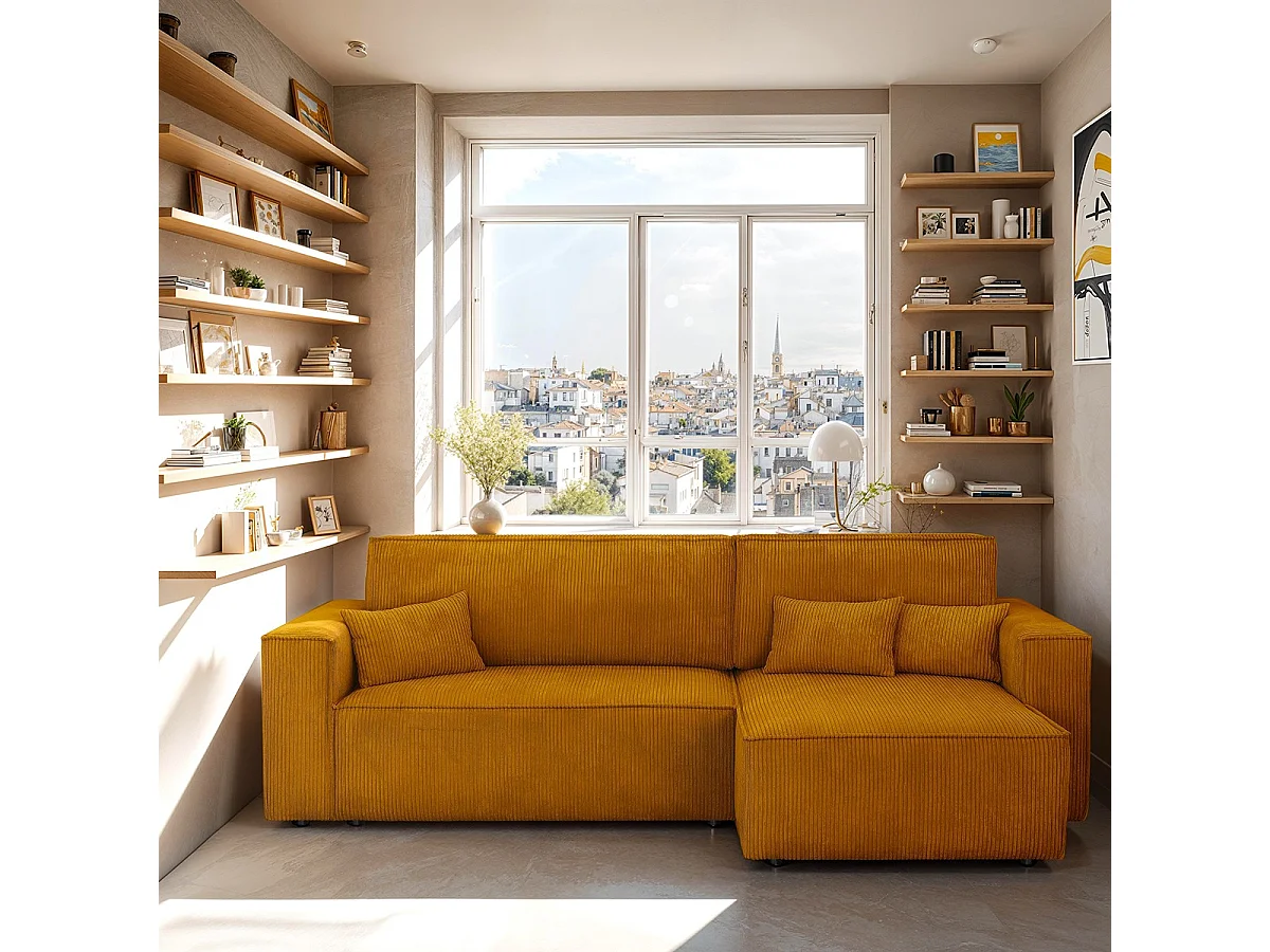 Canapé d'angle convertible réversible 4 places avec coffre de rangement en velours côtelé jaune moutarde - Livia