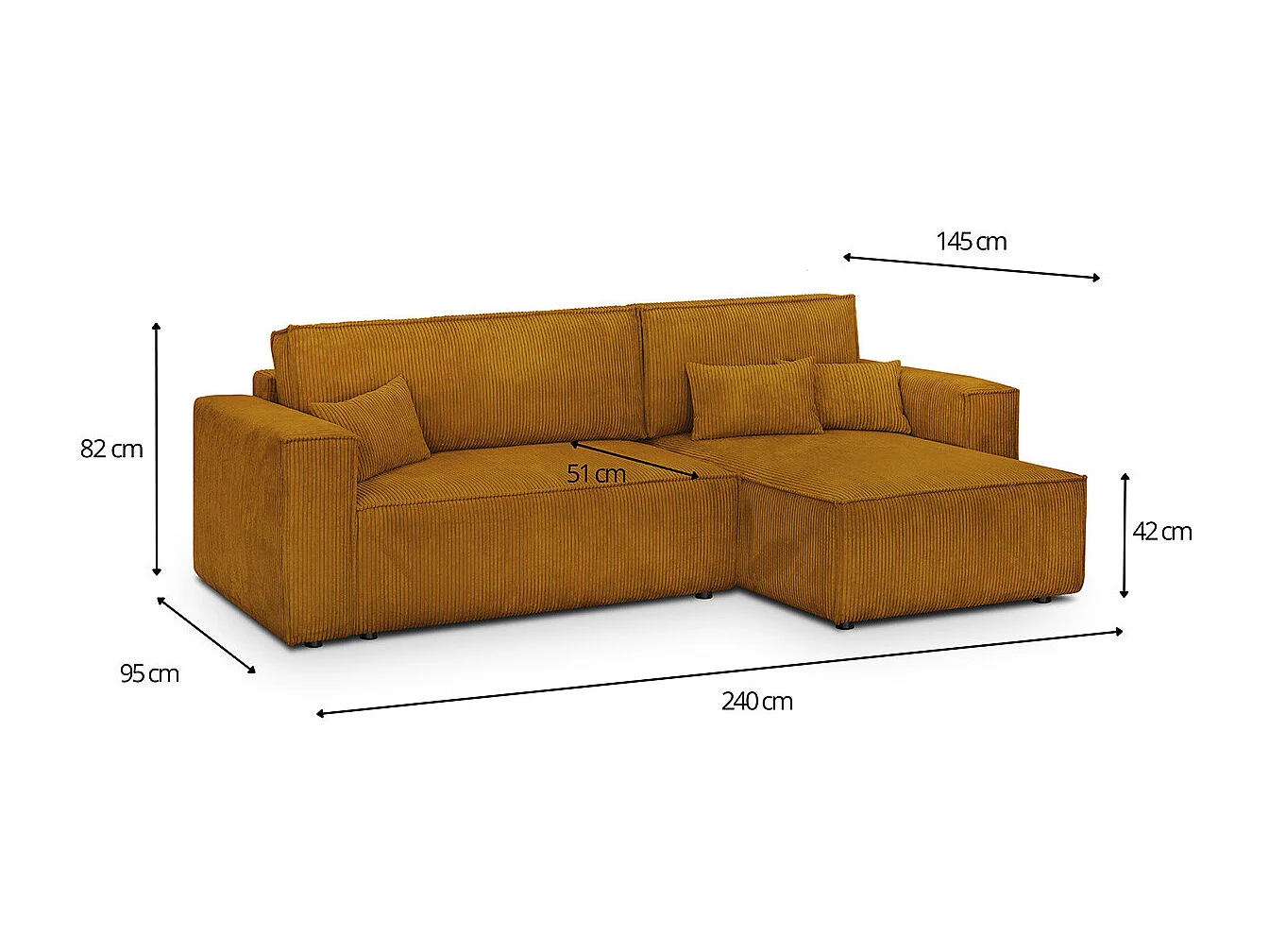 Canapé d'angle convertible réversible 4 places avec coffre de rangement en velours côtelé jaune moutarde - Livia