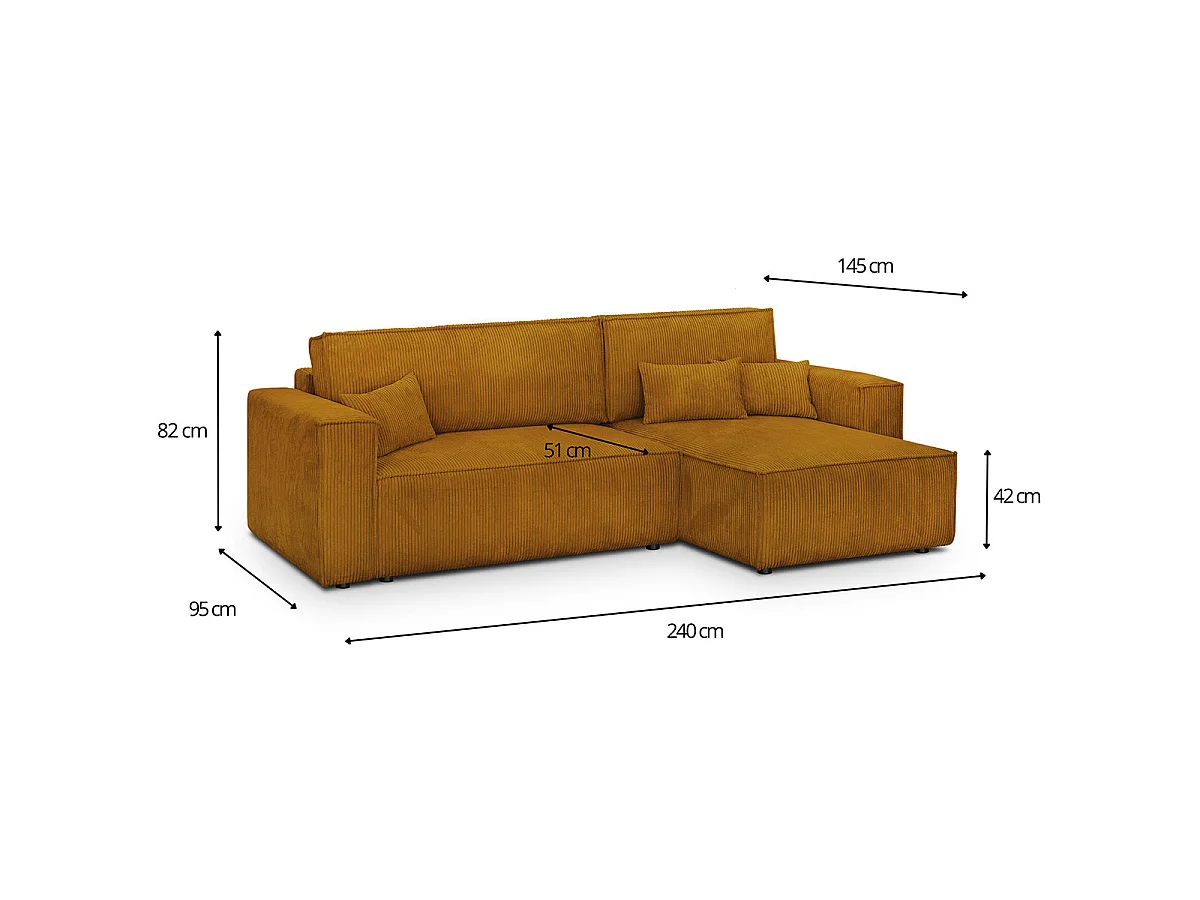 Canapé d'angle convertible 4 places en velours jaune moutarde LIVIA