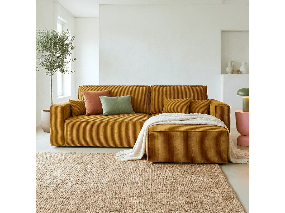 Canapé d'angle convertible réversible 4 places avec coffre de rangement en velours côtelé jaune moutarde - Livia