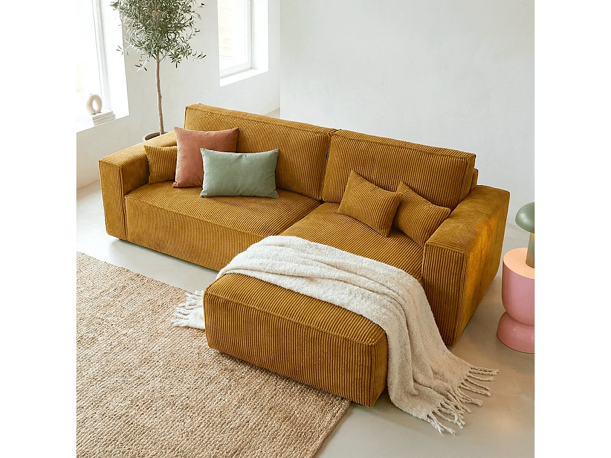 Canapé d'angle convertible réversible 4 places avec coffre de rangement en velours côtelé jaune moutarde - Livia