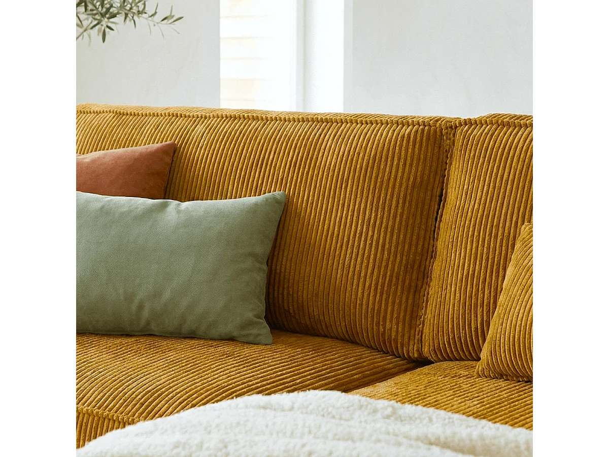 Canapé d'angle convertible réversible 4 places avec coffre de rangement en velours côtelé jaune moutarde - Livia