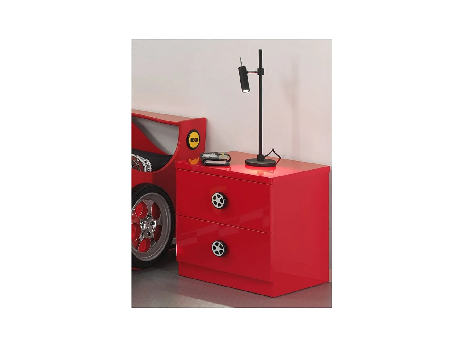 Mesilla de noche de coche de carreras de madera lacada en rojo Cara