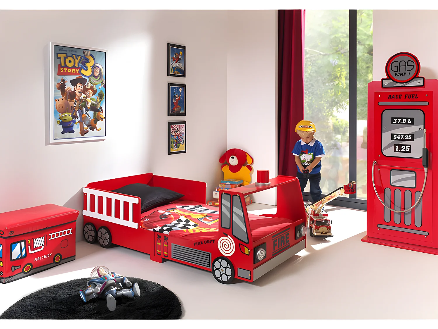 Pack - Lit Enfant "Pompier" & Armoire 1 Porte "Pompe à Essence" Rouge