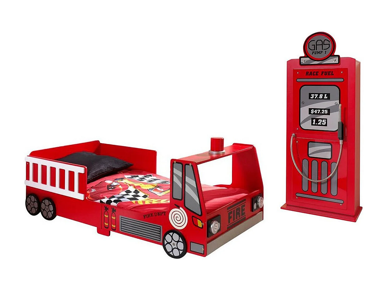 Pack - Lit Enfant "Pompier" & Armoire 1 Porte "Pompe à Essence" Rouge