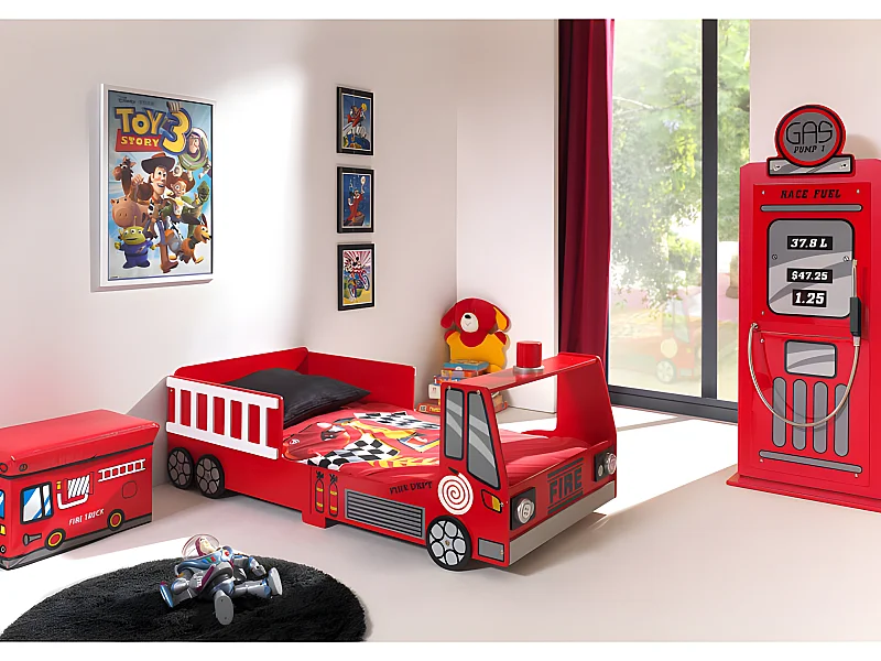 Pack - Lit Enfant "Pompier" & Armoire 1 Porte "Pompe à Essence" Rouge