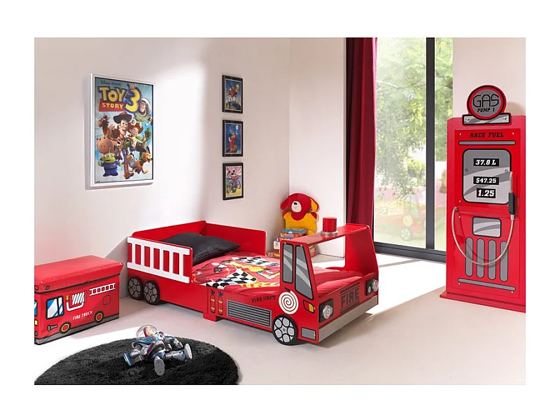 Pack - Lit Enfant "Pompier" & Armoire 1 Porte "Pompe à Essence" Rouge