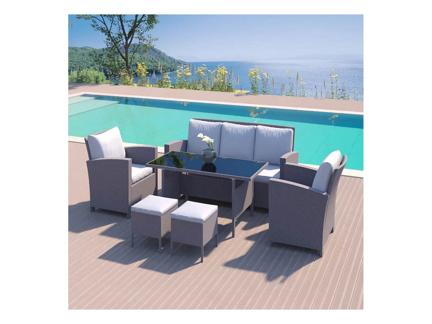 Salon de jardin 7 places en résine tressée gris MODENA