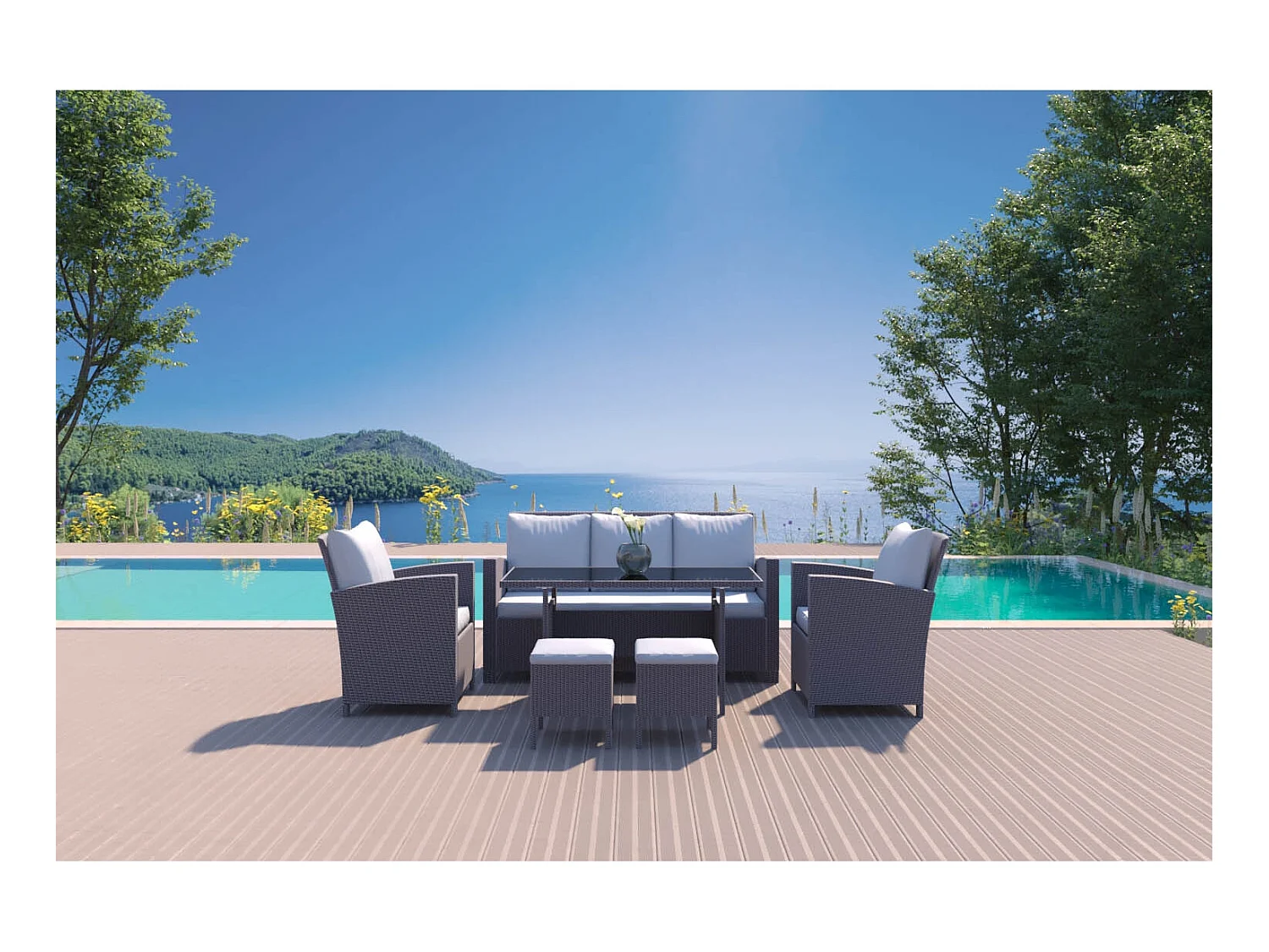 Salon de jardin 7 places en résine tressée gris MODENA