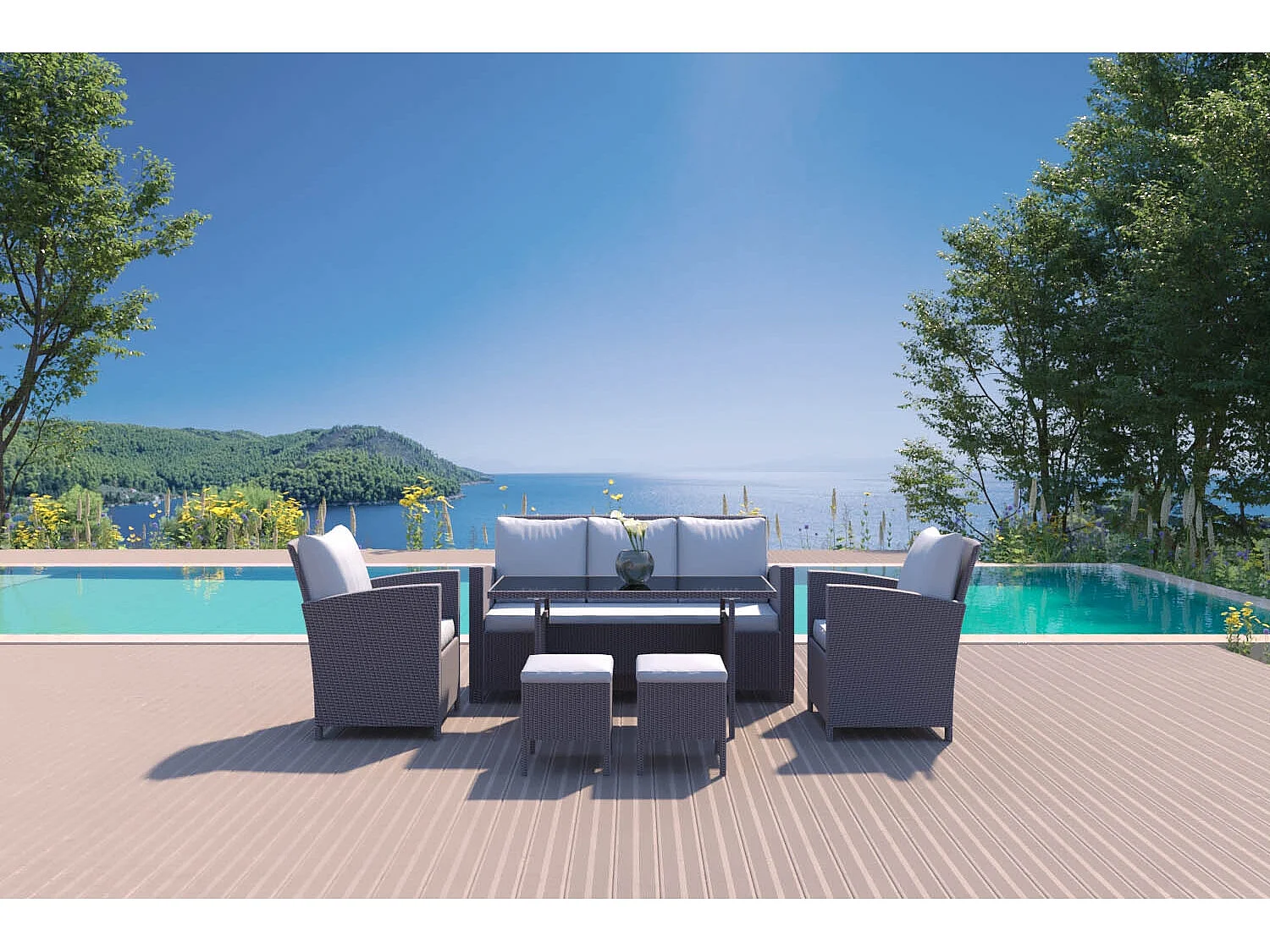 Salon de jardin 7 places en résine tressée gris MODENA