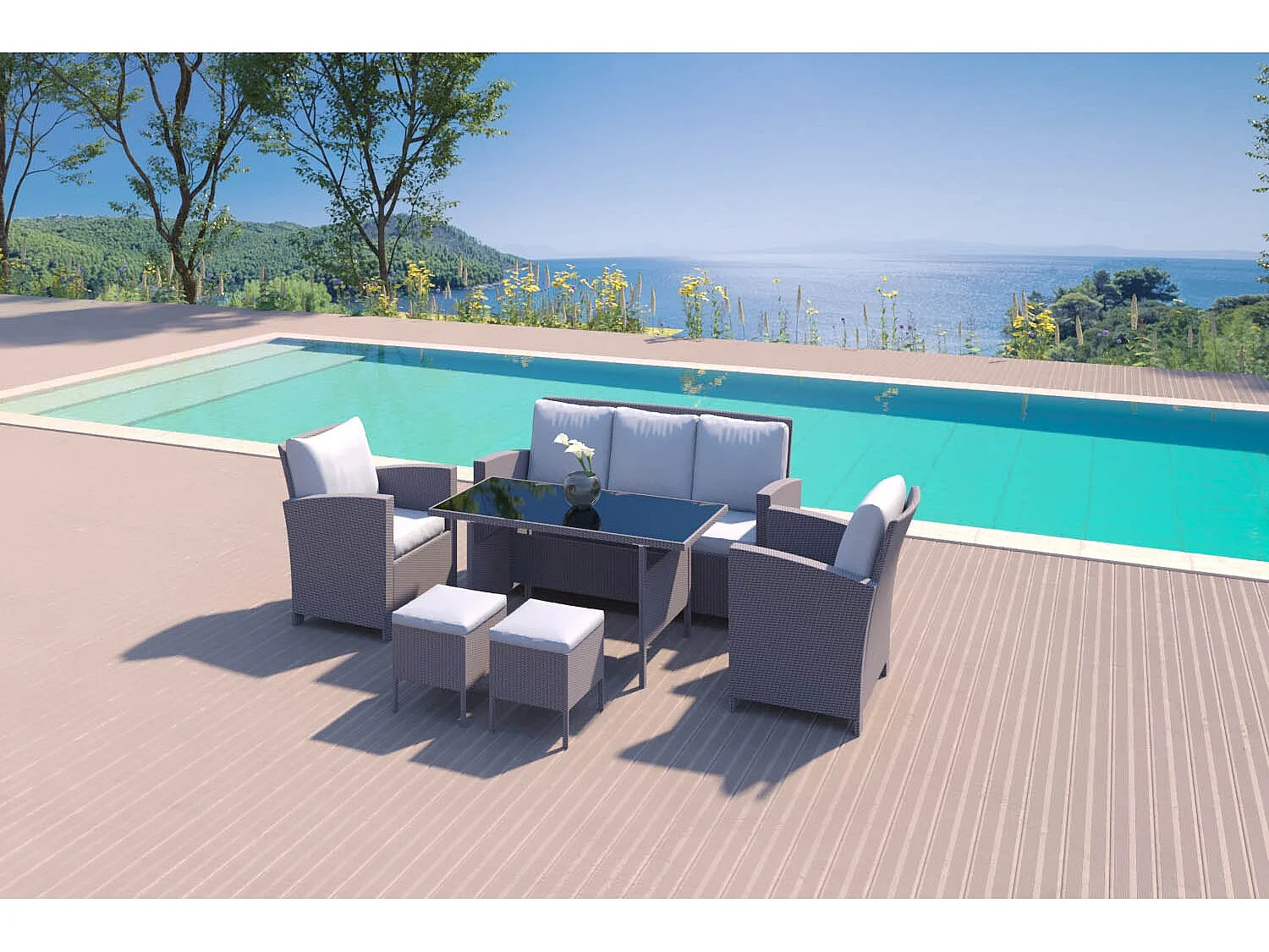 Salon de jardin 7 places en résine tressée gris MODENA