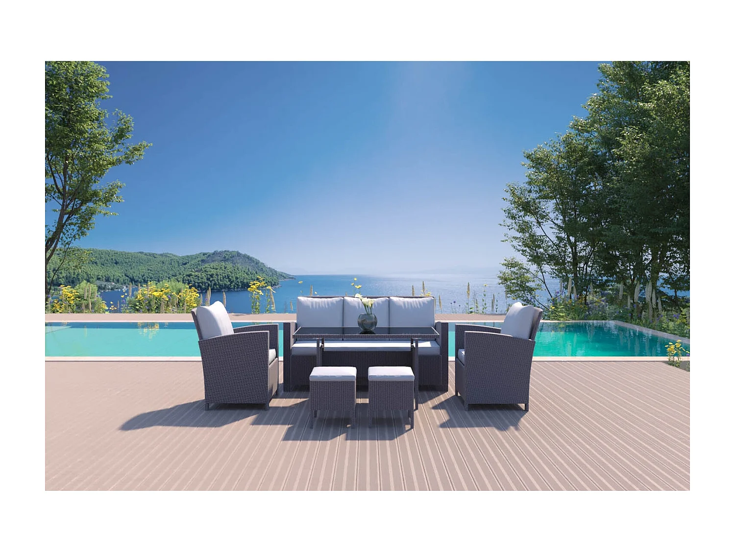 Salon de jardin 7 places en résine tressée gris MODENA