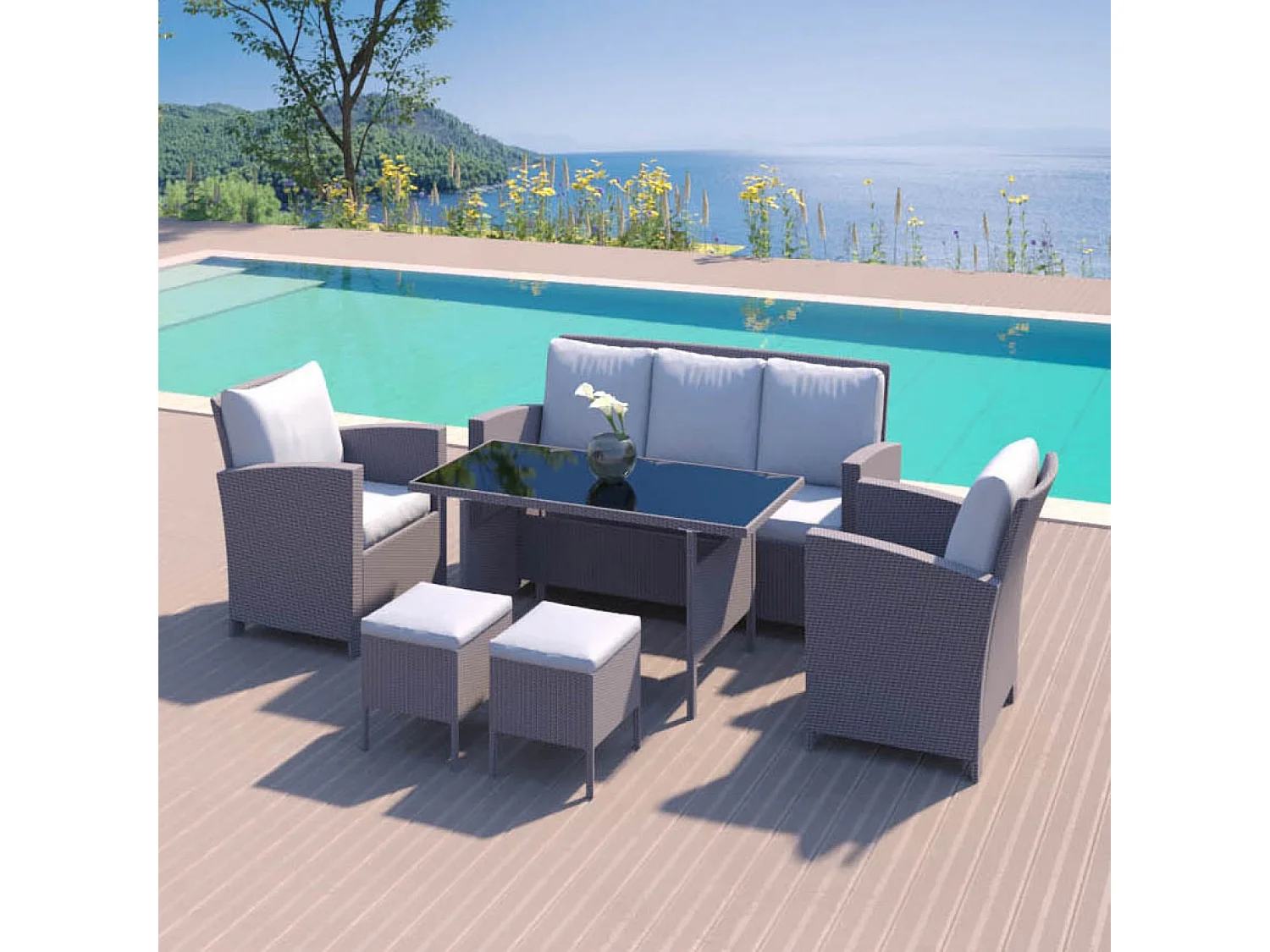 Salon de jardin 7 places en résine tressée gris MODENA