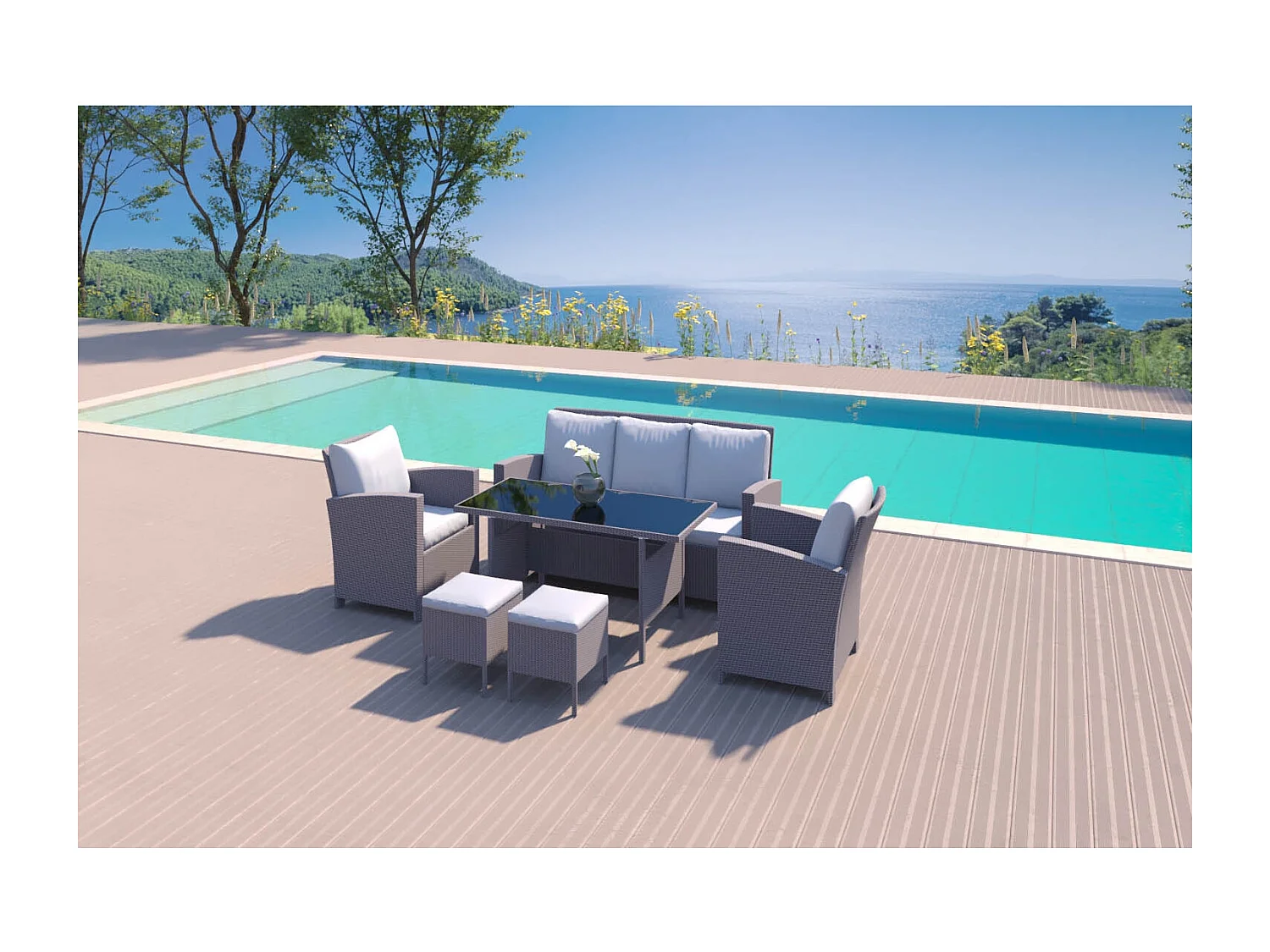 Salon de jardin 7 places en résine tressée gris MODENA
