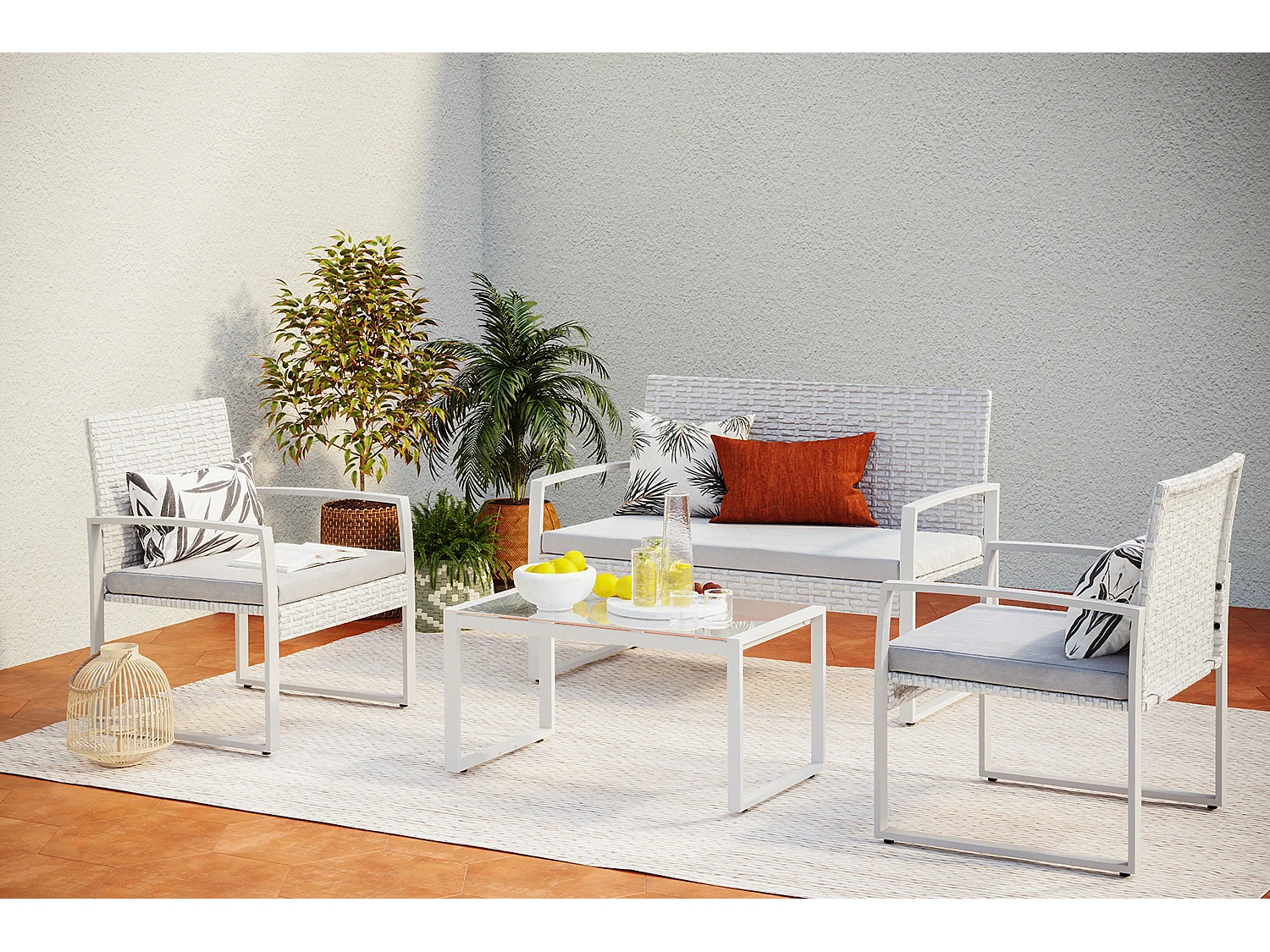 Conjunto de Jardim Baixo 4 Lugares em Resina Trançada Cinza Claro ESNA