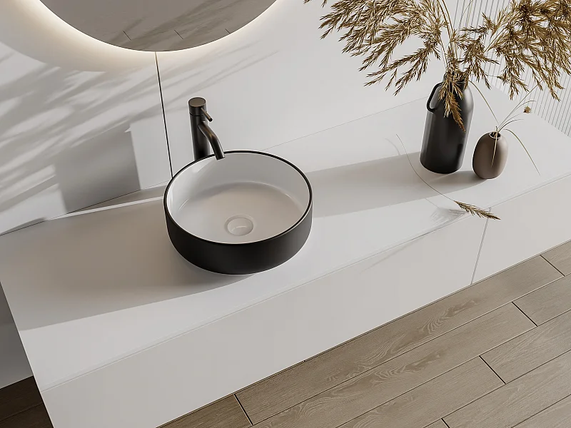 Mobile lavamani a parete in teak e marmo nero - Bagno