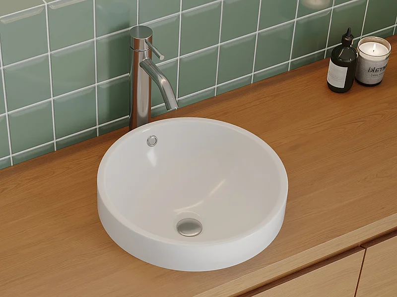 Ronde, half ingebouwde keramische wastafel voor de badkamer - 46 cm - Wit - CATONAC II