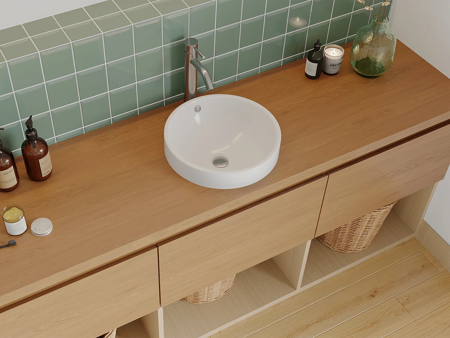 Lavatório de casa de banho semi-encastrado redondo em cerâmica cor branco - CATONAC