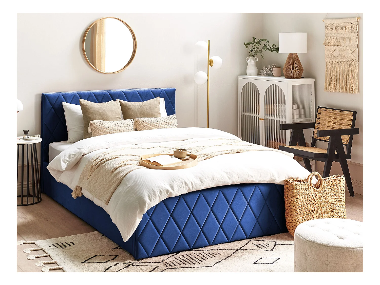 Letto con ottomano Velluto ROCHEFORT 140 x 200 cm Blu marino