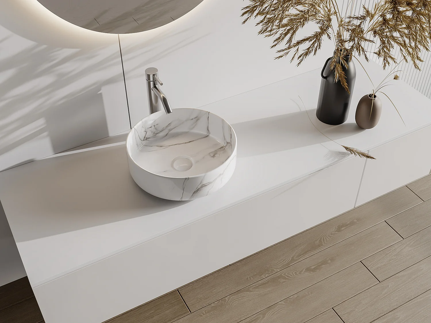 Vasque à poser ronde blanche effet marbre en céramique - 36 cm - VIAMARBA