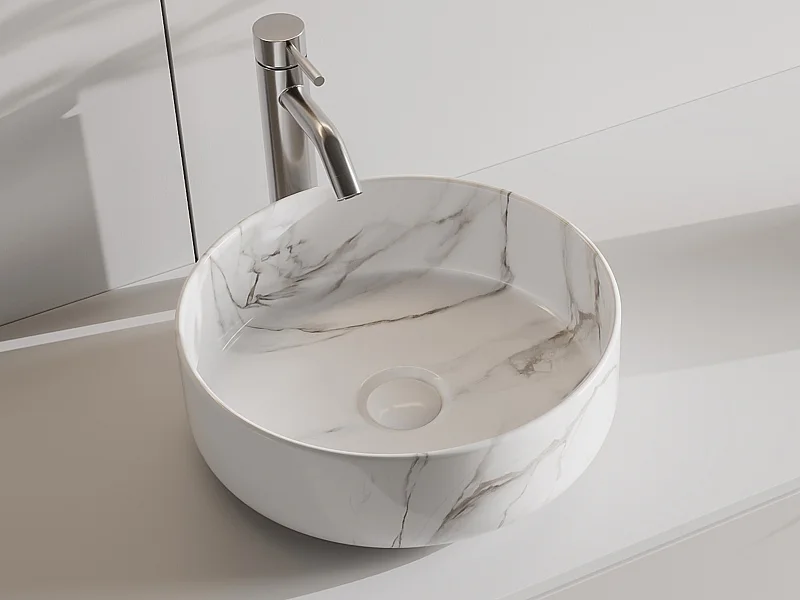 Vasque à poser ronde blanche effet marbre en céramique - 36 cm - VIAMARBA
